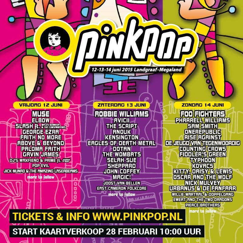 Pinkpop 2015 Lineup, Stand: 25.02.2015; Quelle: PInkpop