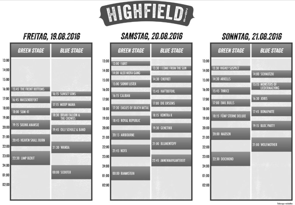 Highfield 2016 Timetable, Quelle: Highfield Festival