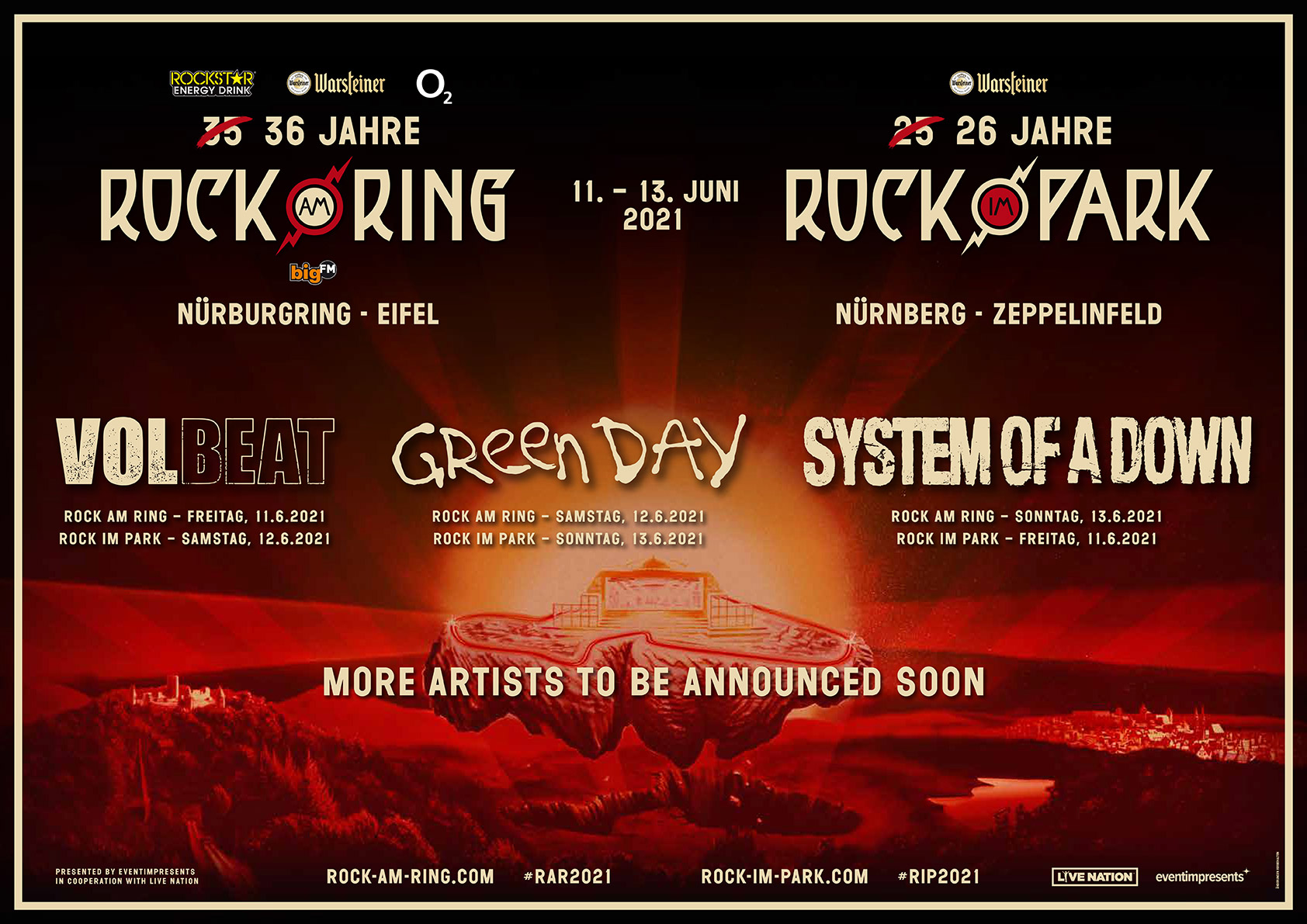 Rock im Park Headliner 2021 sind die von 2020: Green Day, Volbeat und System Of A Down