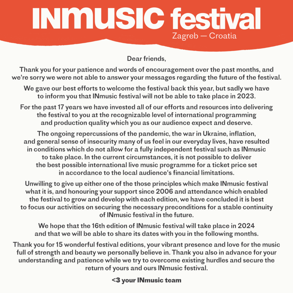 Die Absage des InMusic für 2023 im Wortlaut des Teams, Quelle: Festival Twitter