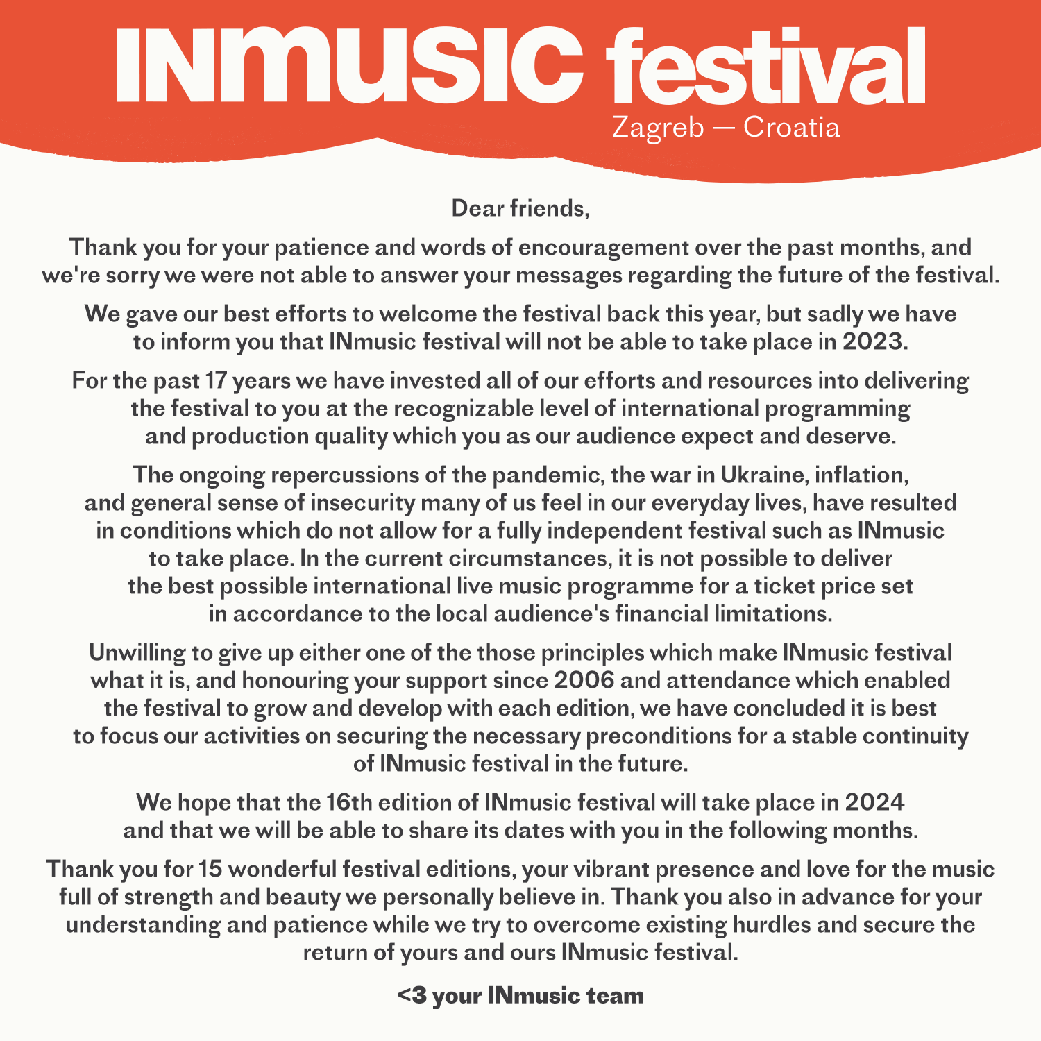 Die Absage des InMusic für 2023 im Wortlaut des Teams, Quelle: Festival Twitter