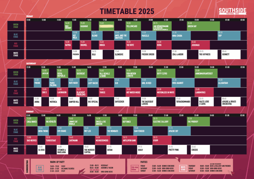 Zeitplan für das Southside Festival 2025 - der Timetable ist da, Quelle: FKP Scorpio